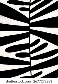 Abstract black and white textile pattern with bold geometric and organic shapes. Modern minimal design resembling leaves or zebra stripes, perfect for fabric, wallpaper, fashion, interior decoration