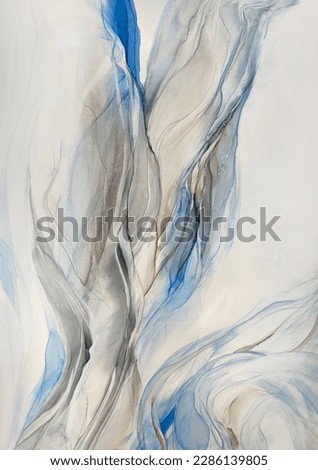 Abstract blue art with grey and pink copper — shiny marble background with beautiful smudges and stains made with alcohol ink. Blue with grey and beige fluid texture resembles watercolor or aquarelle.