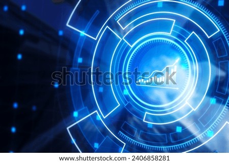 Abstract blue business chart hologram on blurry city background. Financial plan graph. Double exposure