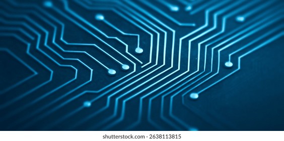 Abstract blue circuit board pattern with connected lines and nodes. With ample space and simple aesthetics, this image suits various applications.