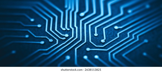 Abstract blue circuit board pattern with connecting lines and nodes. With ample space and simple aesthetics, this image suits various applications.