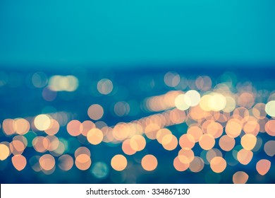 Abstract Blue Circular Bokeh Background, City Lights With Horizon, Toned Style,