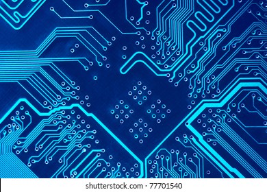 Abstract Blue Computer Circuit Board Close Up For Background.