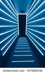 abstract blue corridor with fluorescent tube lamp lights