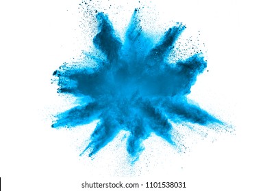 Abstract blue dust explosion on white background. Blue powder splattered on  background. 