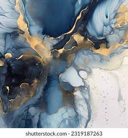 Abstract blue fluid art with gold — marble blue fluid background. Alcohol ink smudges, stains and spots made with digital instruments. Fluid art texture resembles blue watercolor or aquarelle.