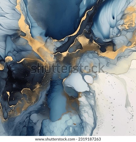 Abstract blue fluid art with gold — marble blue fluid background. Alcohol ink smudges, stains and spots made with digital instruments. Fluid art texture resembles blue watercolor or aquarelle.