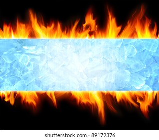 Abstract Blue Ice Cube And Fire Flame Background