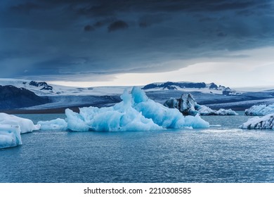 Abstract Blue Iceberg Floating In Jokulsarlon Glacier Lagoon At Vatnajokull National Park, Iceland. Climate Change, Global Warming Concept