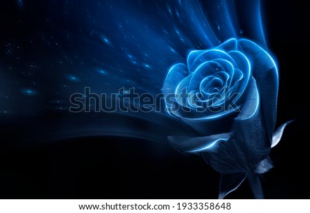 Abstract blue neon background. Abstract blue roses, neon light, glare. Magic flower. 