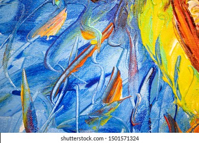 Abstract of blue oil color painting on canvas board, Texture of oil color painting on canvas 