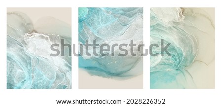  Abstract blue and pearl white glitter watercolor background. Marble texture. Alcohol ink. Set, collection.