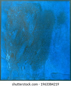 Abstract Blue Printmaking Texture On Paper Background,  Hand Printed Top View