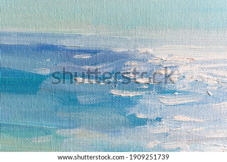 Abstract blue sea background with oil paint. Summer art background. Natural light blue texture of the waves. Impressionism in painting. Marine etude. Macrophotography of paint strokes.Contemporary Art