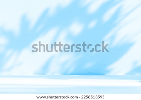 Abstract blue studio background for product presentation. Empty room with shadows of window and flowers and palm leaves . 3d room with copy space. Summer concert. Blurred backdrop.