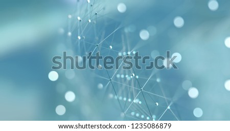 Abstract blue teal plexus network connected dots and lines with bokeh on soft gradient background.3D render of an abstract plexus network structure with connected nodes and geometric lines floating over a soft teal and blue gradient background with glowing bokeh light circles. Ideal for technology, science, medicine, data network, artificial intelligence and digital communication concepts.