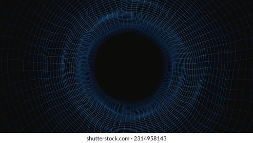 Abstract  blue Tunnel Mesh Grid. 3D Grid of Virtual Reality Corridor or Tunnel. Geometric Wormhole.