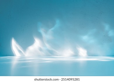 Abstract blue wall light background with reflections and shadows. Mock up  for winter presentation, branding products, cosmetics and food.  