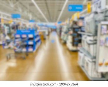 Abstract Blur Background Of Big Box Store Interior.