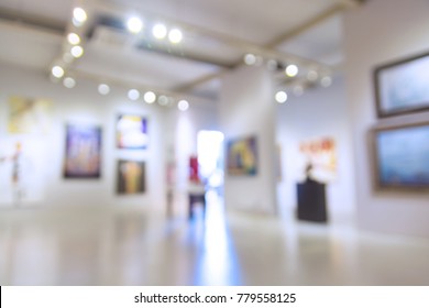 Abstract Blur Defocus Background Of Art Gallery Museum Or Showroom Exhibit Picture Or Painting With Light Bokeh As Modern Urban Lifestyle