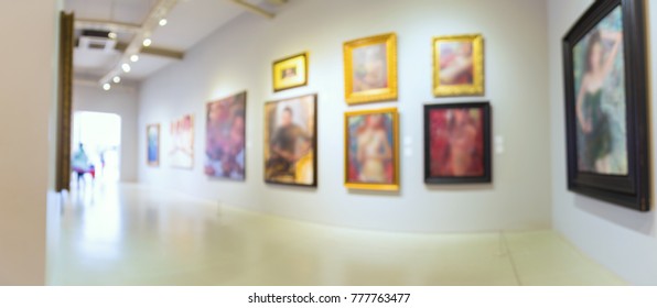 Abstract Blur Defocus Background Of Modern Art Gallery Museum Or Showroom Exhibit Picture Or Painting With Light Bokeh As Modern Urban Lifestyle