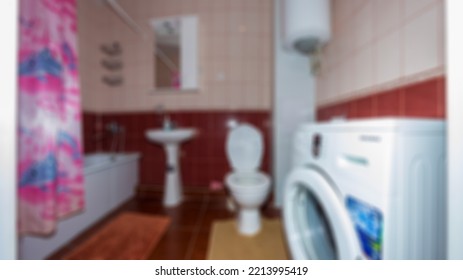 Abstract Blur Defocused Bathroom And Toilet Interior For Background.