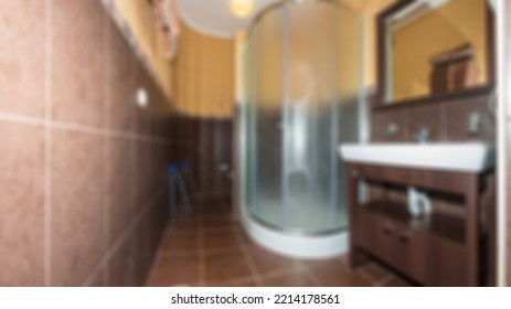 Abstract Blur Defocused Bathroom And Toilet Interior For Background.