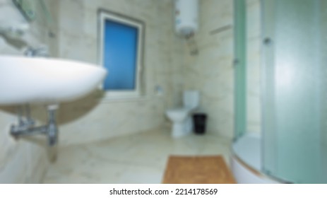 Abstract Blur Defocused Bathroom And Toilet Interior For Background.