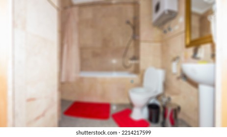 Abstract Blur Defocused Bathroom And Toilet Interior For Background.