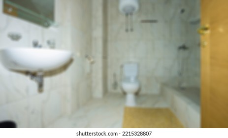 Abstract Blur Defocused Bathroom And Toilet Interior For Background.