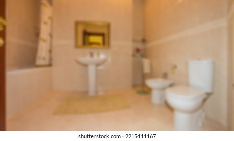 Abstract Blur Defocused Bathroom And Toilet Interior For Background.