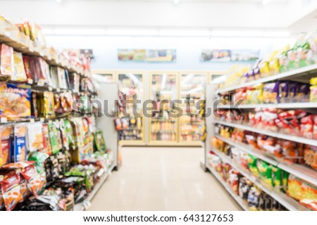 Abstract blur and defocused supermarket and convenience store interior for background