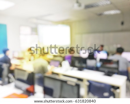 Abstract blur image of students lecture in computer lab, people classroom college university teacher kids e-learning networks workshop lecture business technology lesson education or training concept.