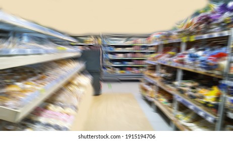 Abstract blur image of supermarket background. Defocused shelves with fresh products. Grocery shopping. Store. Retail industry. Food quality. Rack. Discount. Inflation and crisis concept. Copy space.
