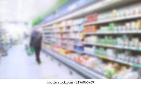 Abstract Blur Image Of Supermarket Background. Defocused Shelves With Dairy Products. Grocery. Retail Industry. Rack. Discount. Inflation And Economic Crisis Concept. Aisle. CPG. Store. Recession.