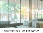 Abstract blur interior coffee shop or cafe for background. Blur restaurant interior banner. Hospital and clinic blurry with bokeh. Blurred windows green on garden outdoor and view of light living room