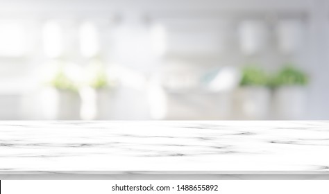 Abstract Blur Interior Luxury Modern Bathroom Background With White Marble Counter Tabletop For Show,promote,ads Product Design On Display 