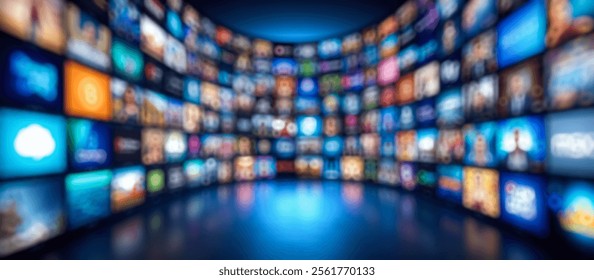Abstract blur of multiple TV screens showcasing different shows and channels, vibrant and dynamic representation of media choices, VOD broadcasting and digital streaming