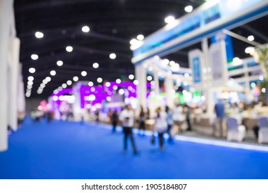 Abstract Blur People In Exhibition Hall Event Trade Show Expo Background. Large International Exhibition, Convention Center, Business Marketing And Event Fair Organizer Concept.