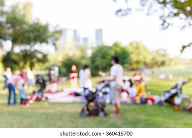 Abstract Blur People Picnic In Public Park With Family Or Friends, Urban Leisure Lifestyle