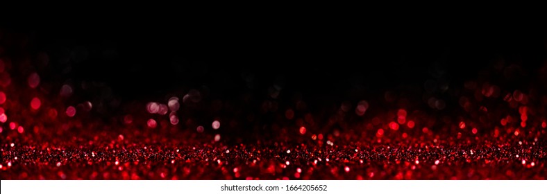 Abstract Blur Red Glitter On Black Background. Card For Valentine's Day, Christmas And Wedding Celebration. Love Bokeh Sparkle Confetti Textured Layout. Classy Elegant Design.