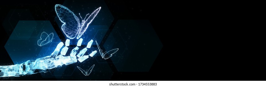 Abstract Blur Robot Ai Hand Hold 3D Virus Butterfly Illustration Digital Innovation Futuristic Technology Transform Evolution New Normal After Coronavirus Crisis Management Business World Life Change