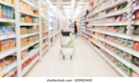 Abstract Blur Supermarket Discount Store Aisle And Product Shelves Interior Defocused Background