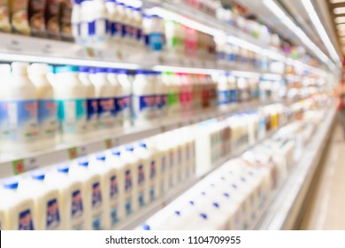 Abstract Blur Supermarket Grocery Store Refrigerator Shelves With Fresh Milk Bottles And Dairy Products