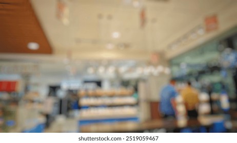 Abstract blur view background of interior in a bakery with bokeh lights and customer interaction at night. - Powered by Shutterstock