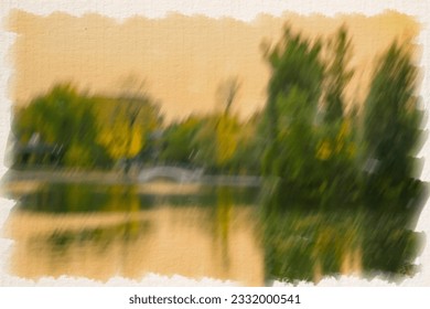 Abstract blurred autumn background, small wooden bridge on lake in city park. Concept autumn nostalgic mood, melancholy