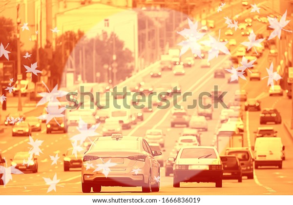 abstract\
blurred background autumn circle transport / concept autumn weather\
road, cars on the track rain place for\
text