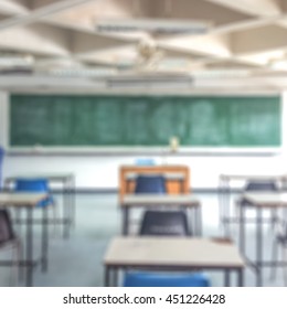 Abstract Blurred Background Image Of Empty Classroom Without Student After School; Blurry View Of Exam Hall With Chairs And Tables In Room At The End Of Semester In College Or University Vintage Tone.