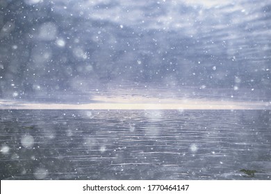 Abstract Blurred Background, Snow Falls On The Sea, Northern Cold Sea, Climate Winter View