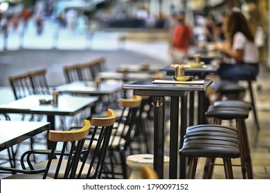 Abstract Blurred Background Street Cafe In The City, No People, Empty, Summer Restaurant Quarantine